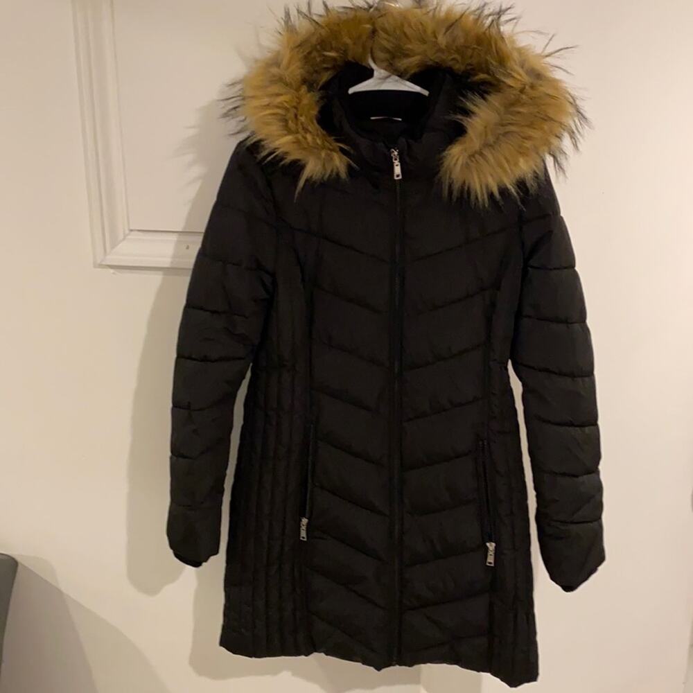 Tommy Hilfiger Women Chevron Faux Fur Trim Hooded Puffer Coat Black